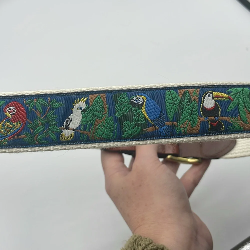Tropical Bird Patterned Leather Belt with Solid Brass Buckle